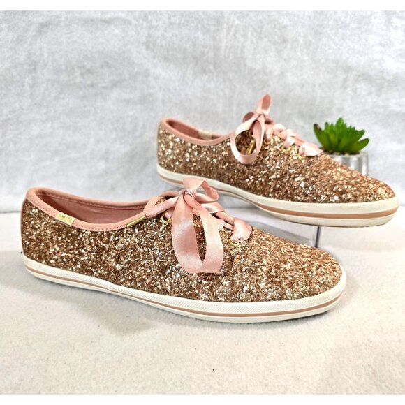 Keds For Kate Spade New York Glitter Rose Gold Lace-Up‎ Sneaker Size 7 - Picture 1 of 12